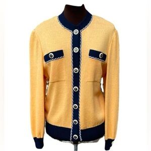 Vintage St. John Collection Yellow Navy Santana Knit Cardigan Jacket Blazer Sz P